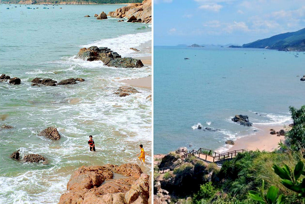Bãi Tiên Sa khá nhỏ, có cây cầu gỗ nhỏ là lối dẫn xuống 